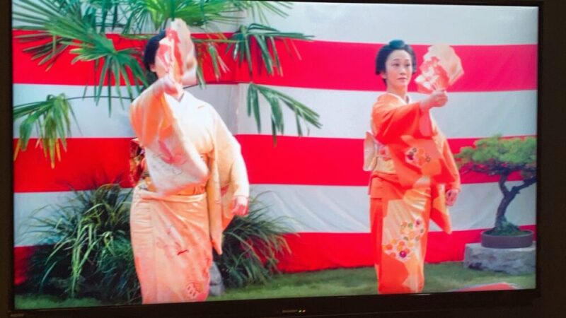 横縞の紅白幕 　渋沢栄一の邸宅で外国の要人を日本舞踊でもてなすシーン　※出典　NHK『青天を衝け』
